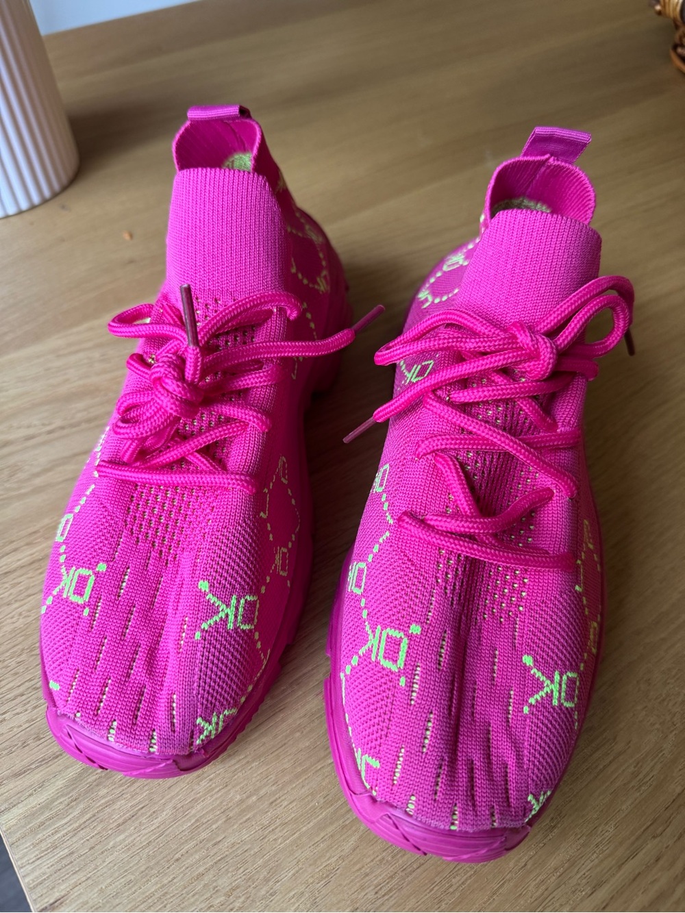 Hot Pink Chunky Knit Sneakers Neon Green Detail Y2K Style - Picture 6 of 6